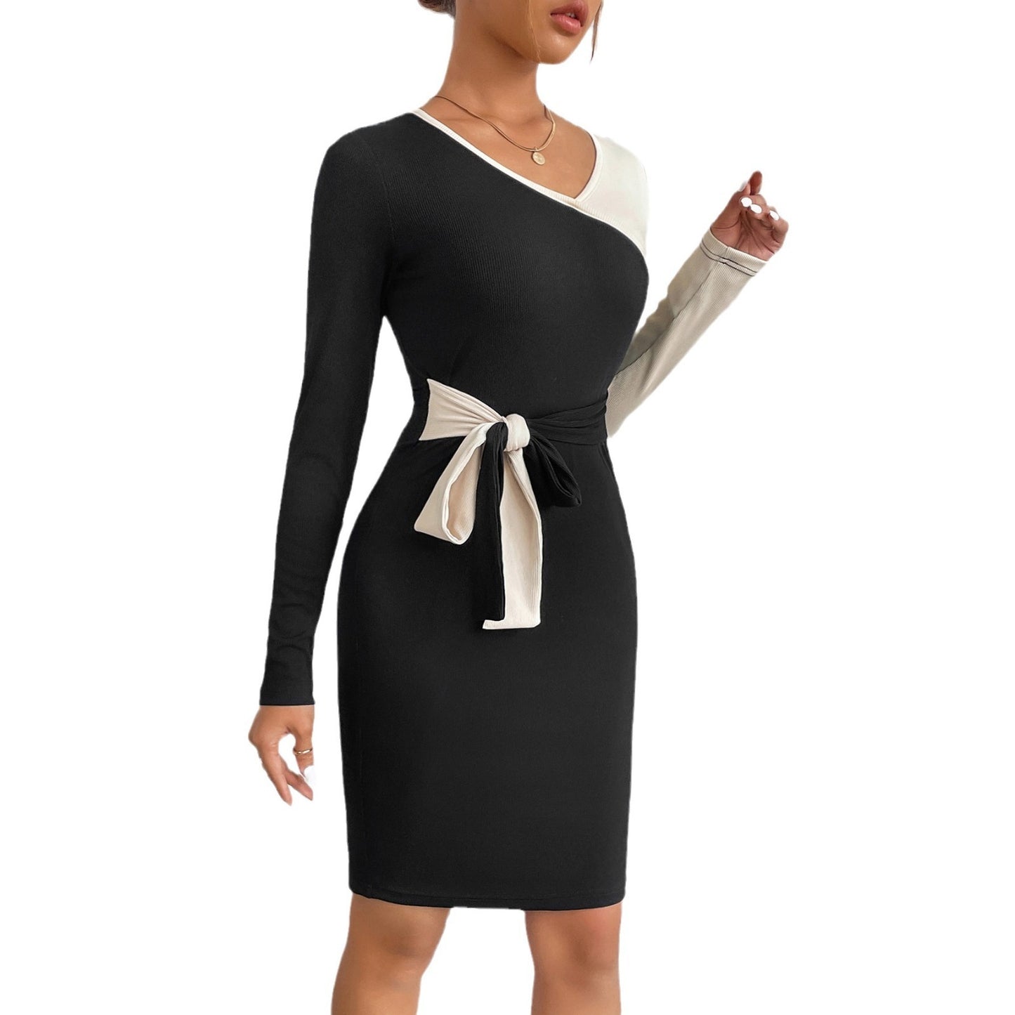 Women's Stitching Tied Sheath Long Sleeve Dress