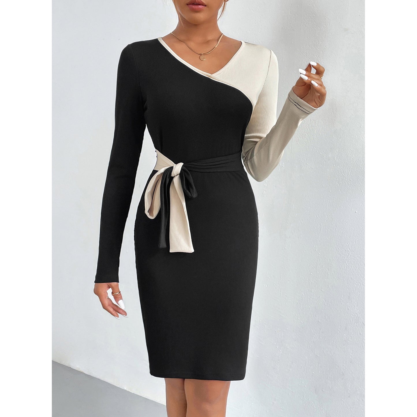 Women's Stitching Tied Sheath Long Sleeve Dress