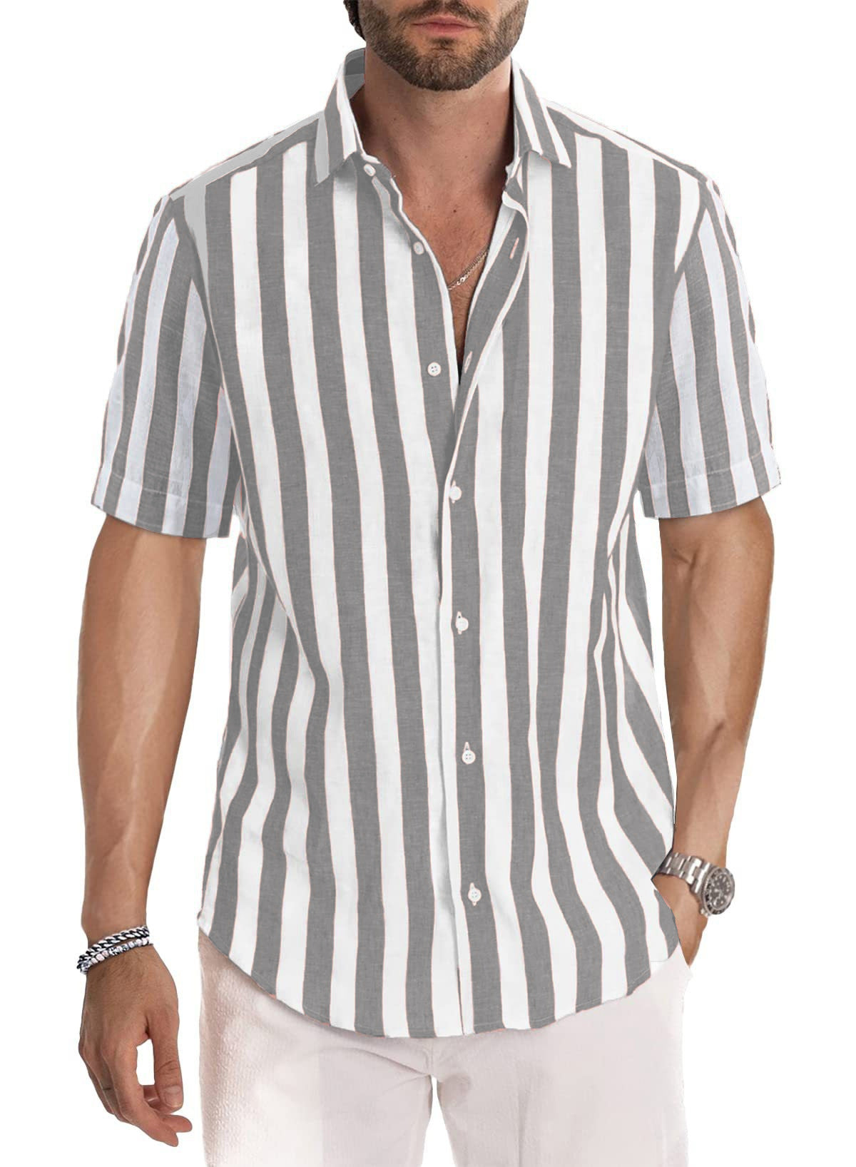 Summer European And American Men's Beach Casual Sports Yarn-dyed Striped Short-sleeved Lapel Shirt