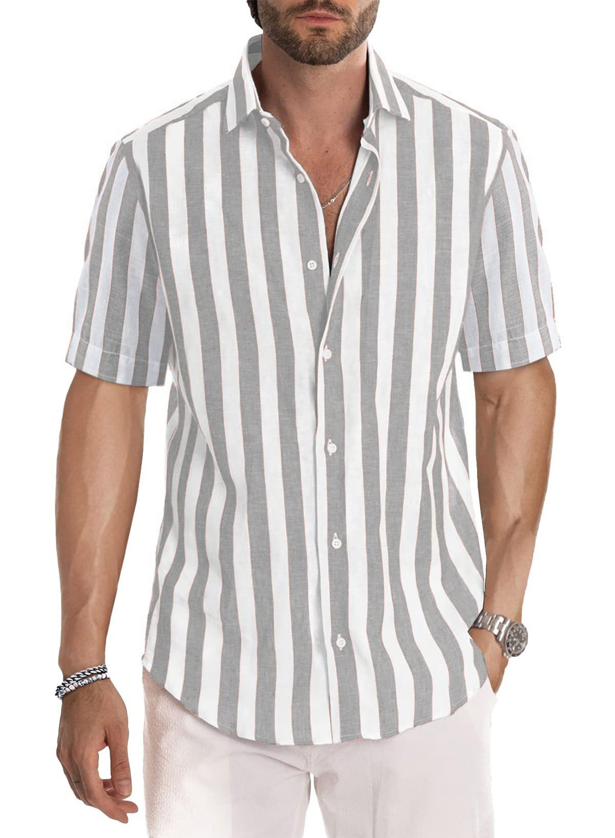 Summer European And American Men's Beach Casual Sports Yarn-dyed Striped Short-sleeved Lapel Shirt