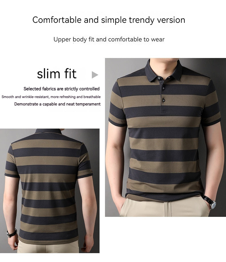 Men's Polo Shirt Short-sleeved Lapel T-shirt 2024 Striped Business Casual Lead Basic All-matching