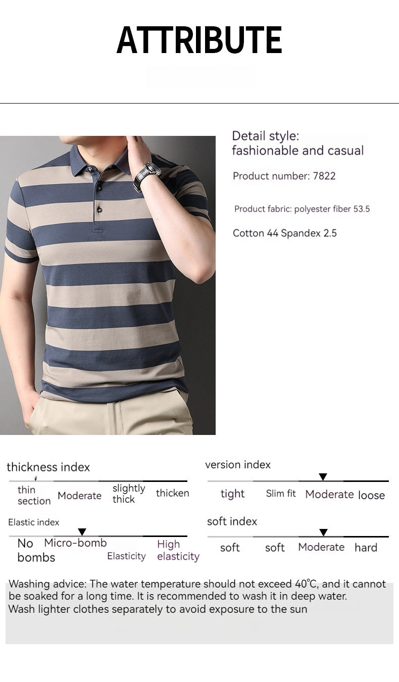 Men's Polo Shirt Short-sleeved Lapel T-shirt 2024 Striped Business Casual Lead Basic All-matching