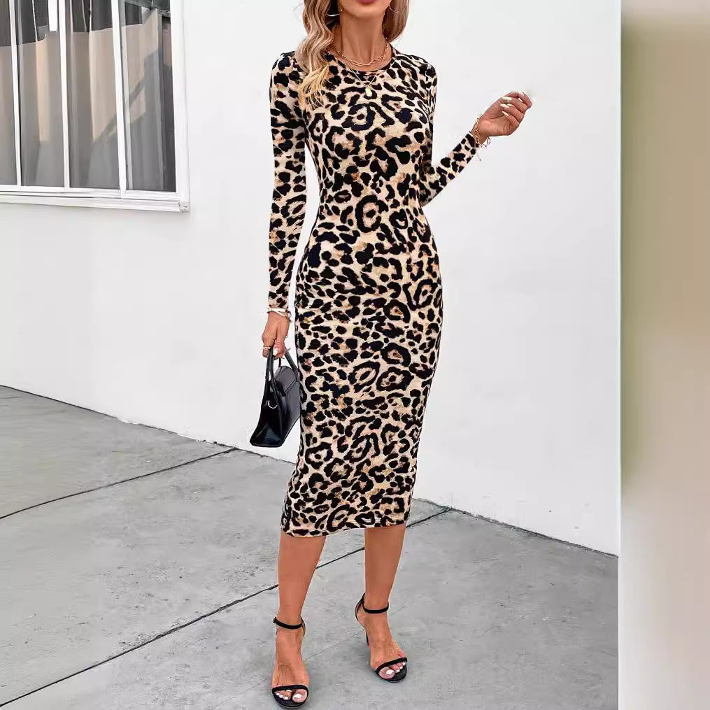 Printed Leopard Print Round Neck Cashmere Long Sleeve Slim Fit Dress