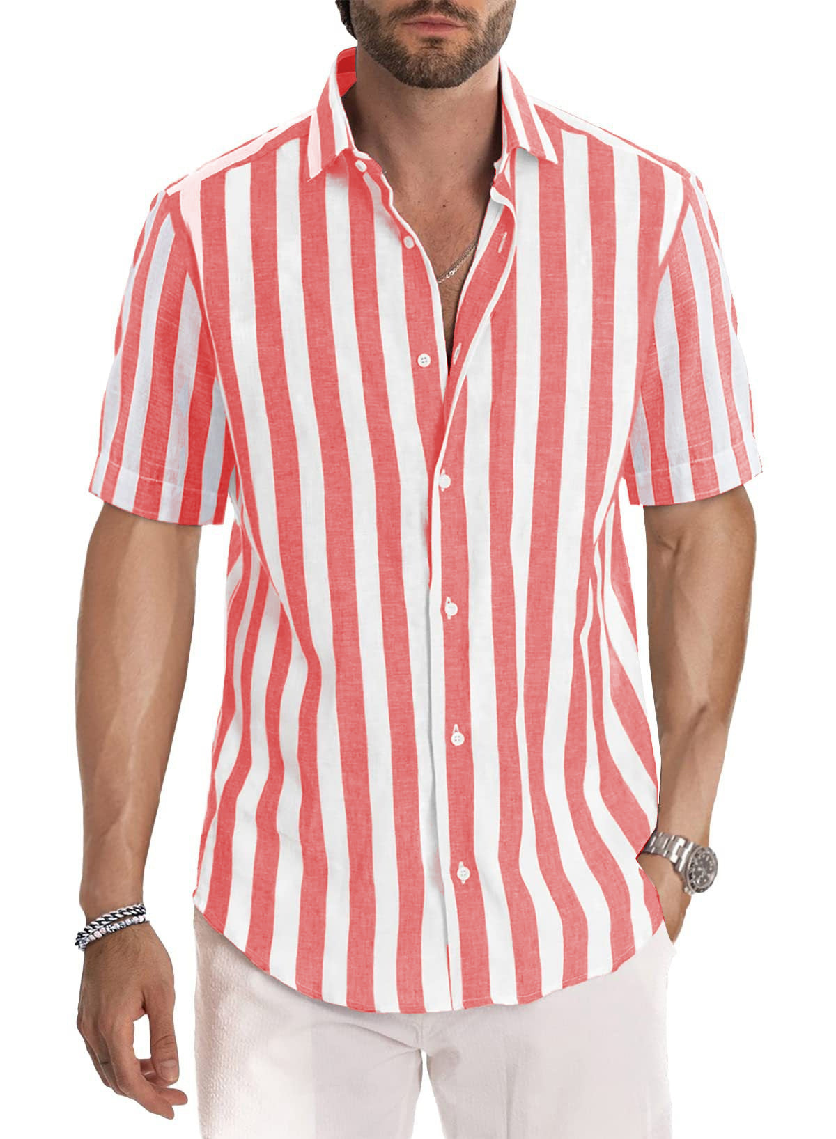 Summer European And American Men's Beach Casual Sports Yarn-dyed Striped Short-sleeved Lapel Shirt