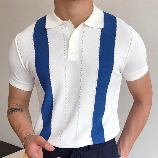 Men's White Striped Slim-fit Short-sleeved Sweater