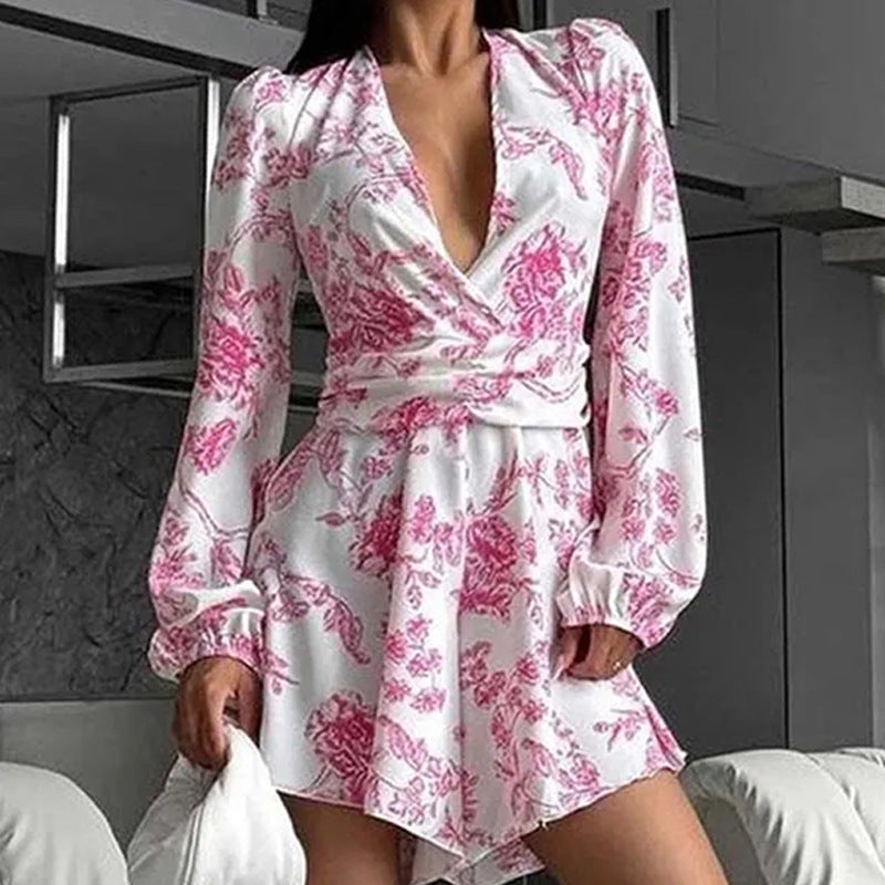 Women's Sexy V-neck Printed Lantern Sleeve Waist-tight Dress