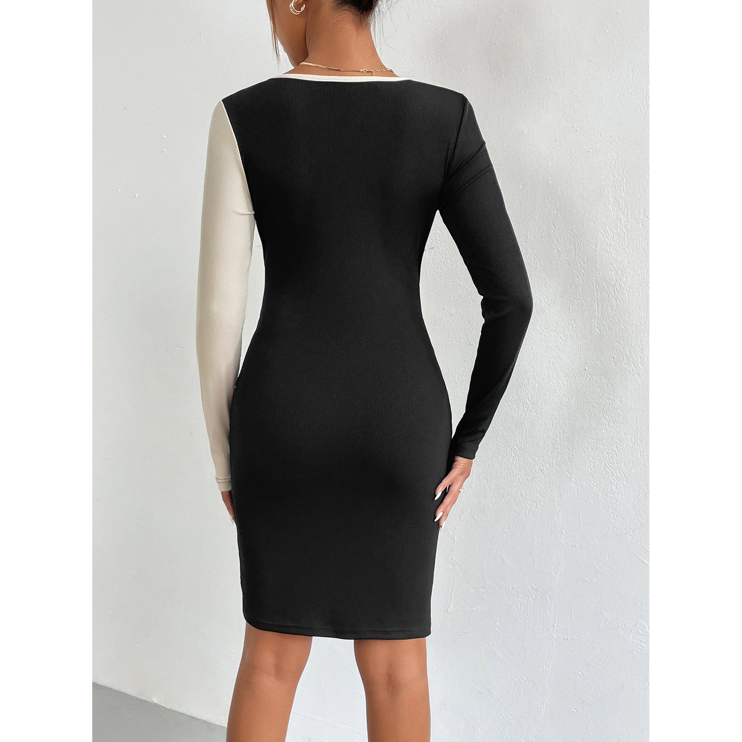 Women's Stitching Tied Sheath Long Sleeve Dress