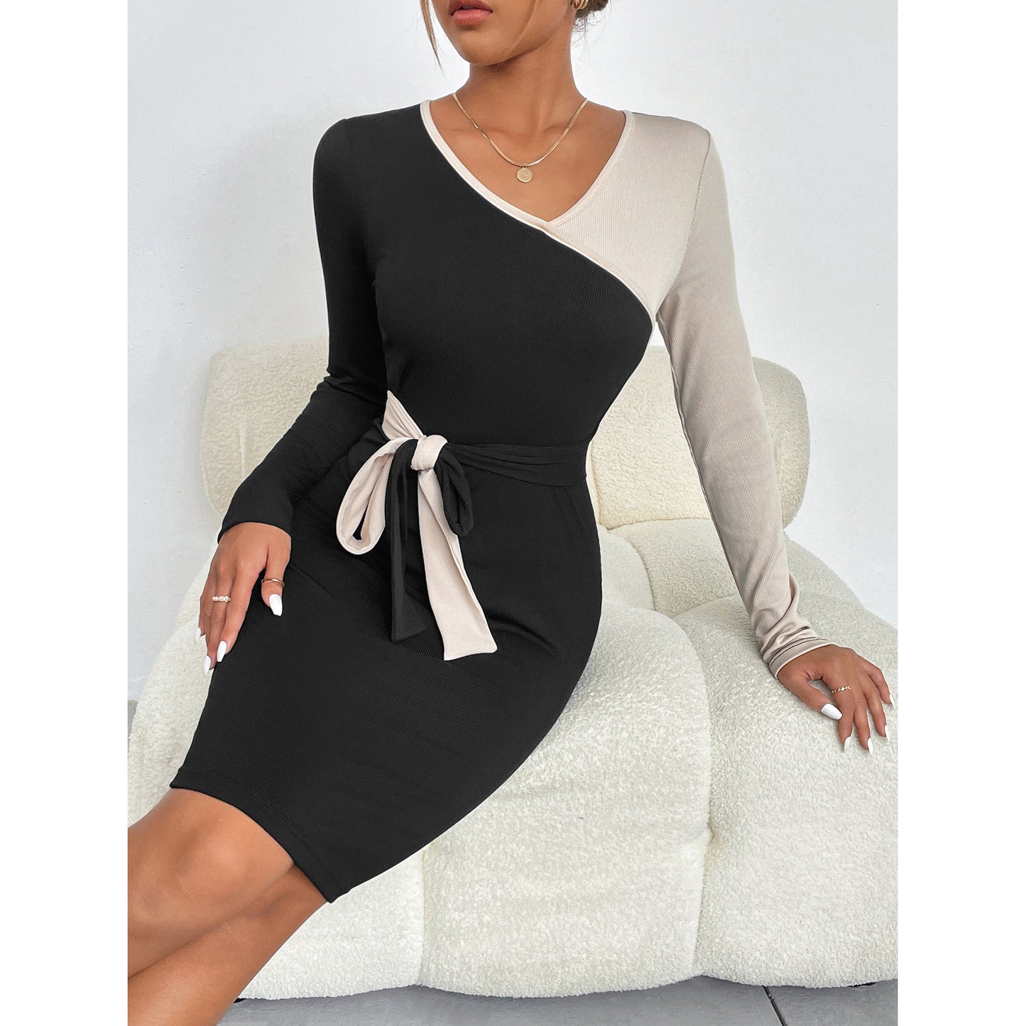 Women's Stitching Tied Sheath Long Sleeve Dress