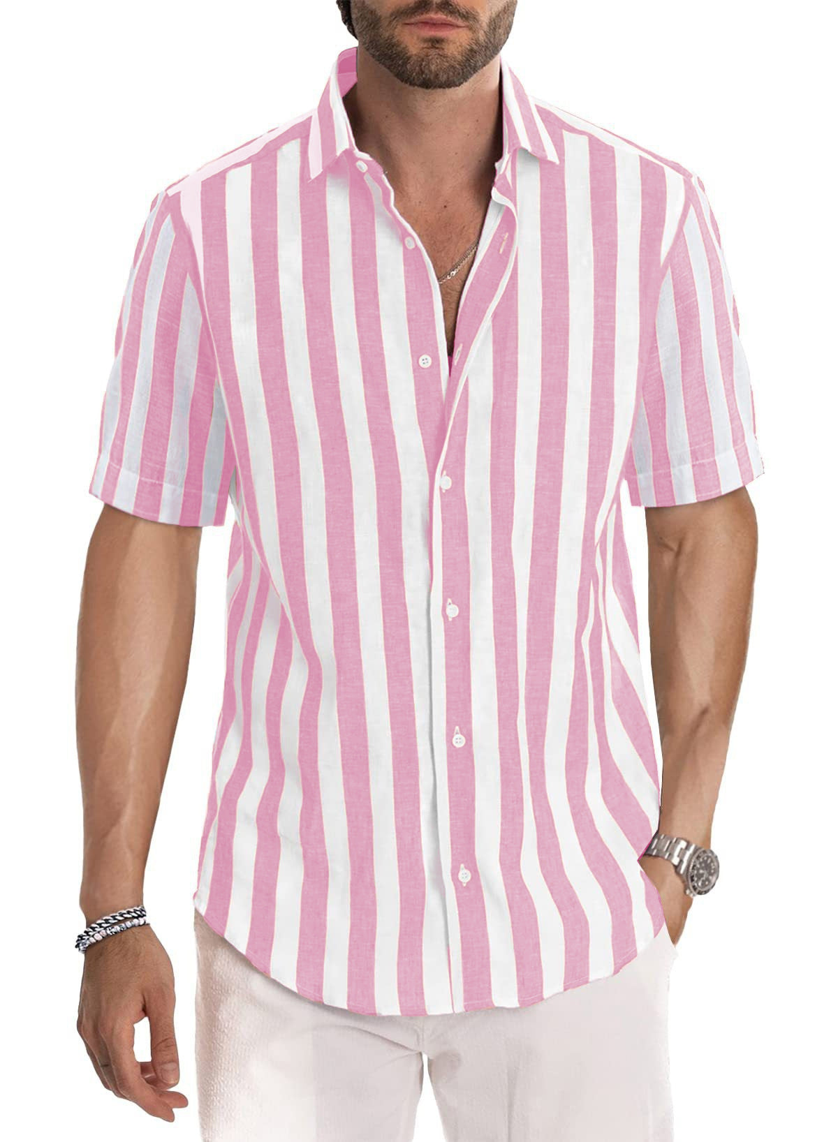 Summer European And American Men's Beach Casual Sports Yarn-dyed Striped Short-sleeved Lapel Shirt