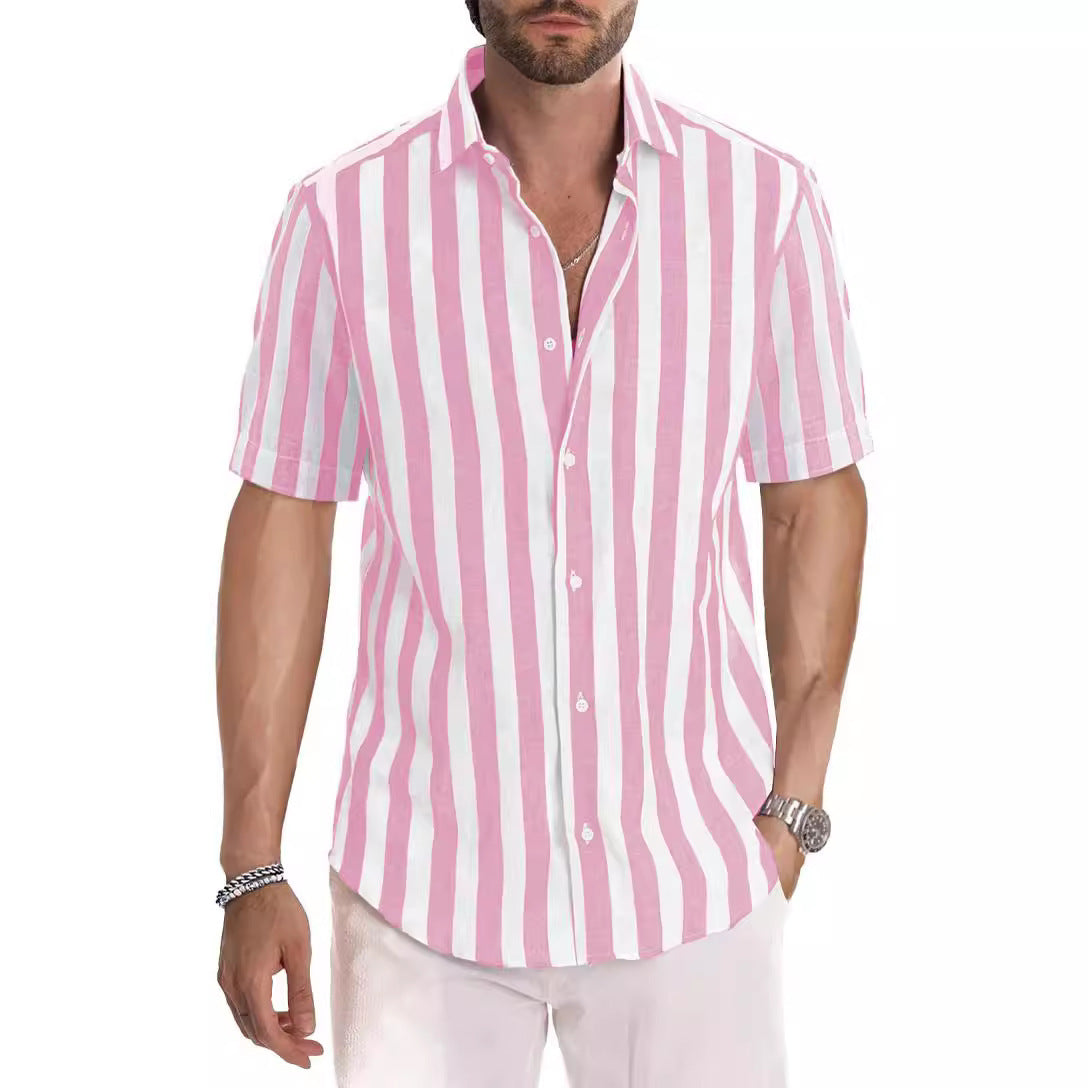 Summer European And American Men's Beach Casual Sports Yarn-dyed Striped Short-sleeved Lapel Shirt