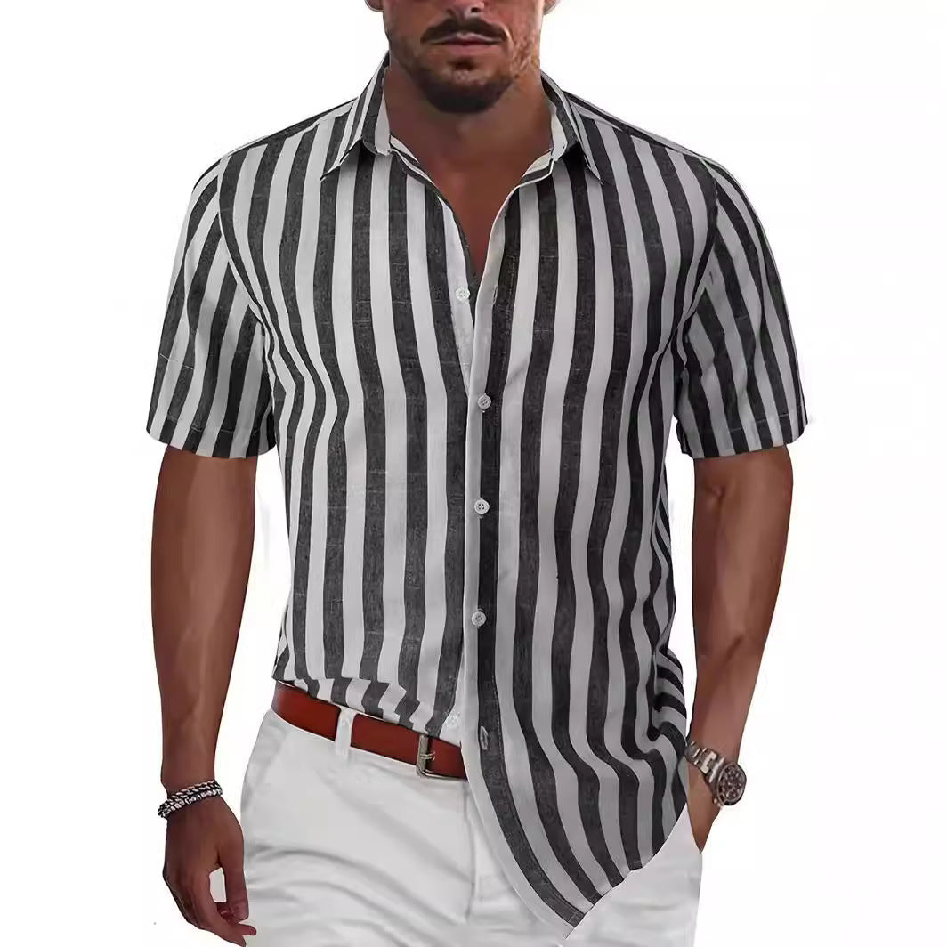 Summer European And American Men's Beach Casual Sports Yarn-dyed Striped Short-sleeved Lapel Shirt